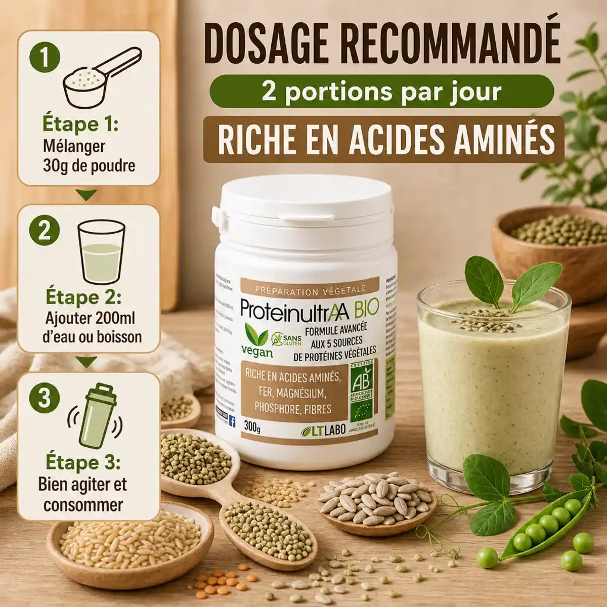 ProteinultrAA Bio 300g poudre végétale sans gluten avec infographie préparation et ingrédients naturels