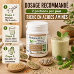 ProteinultrAA Bio 300g poudre végétale sans gluten avec infographie préparation et ingrédients naturels