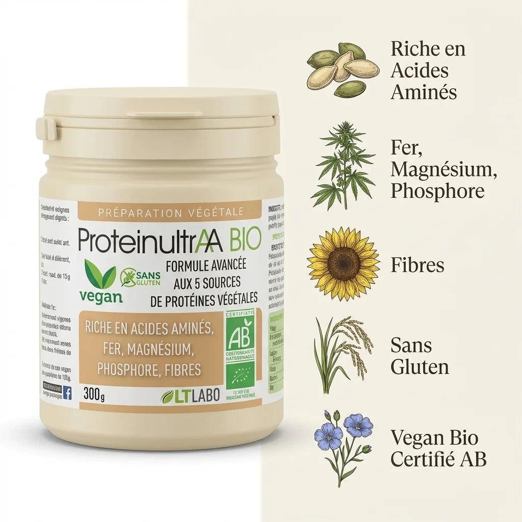 ProteinultrAA végétale bio 300g avec sources protéiques et nutriments, sans gluten certifié AB