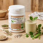 ProteinultrAA poudre protéine végétale bio sans gluten avec ingrédients organiques et smoothie