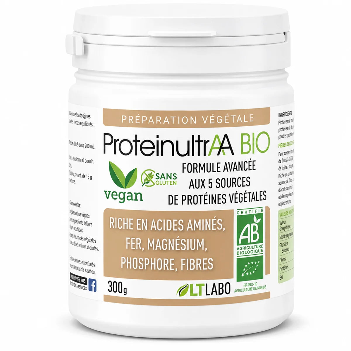 ProteinultrAA poudre protéine végétale bio sans gluten 300g pot blanc