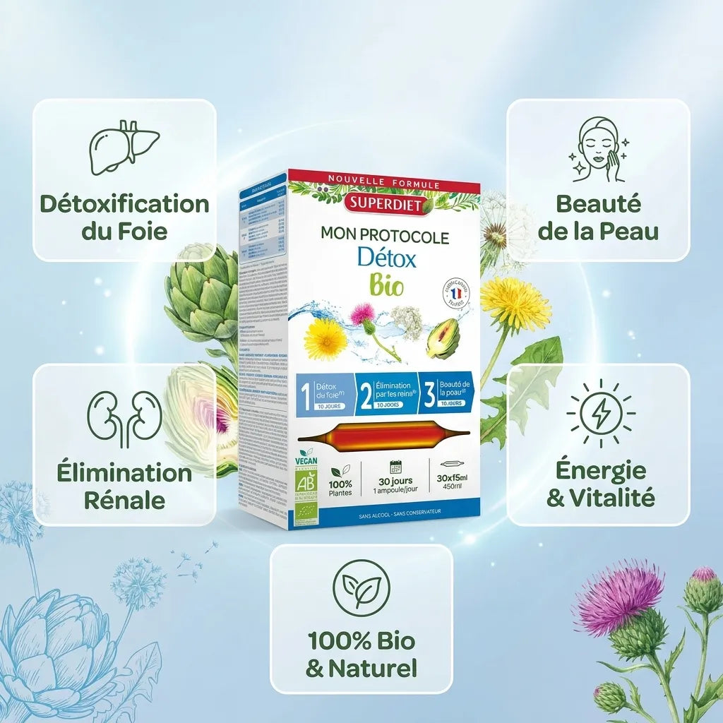 Superdiet Protocole Détox Bio 30 ampoules avec bénéfices détoxification foie, élimination rénale et vitalité