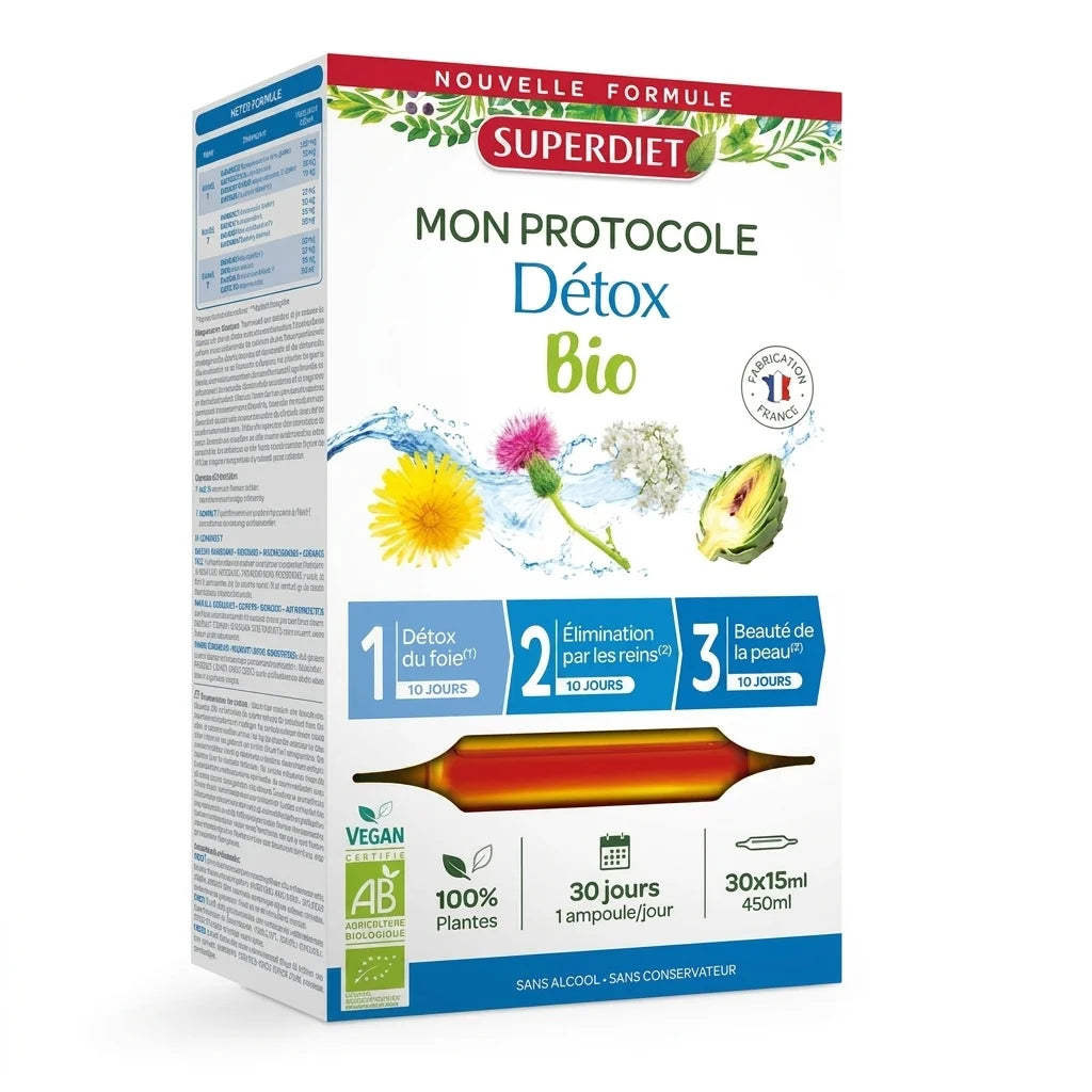 Protocole Détox Bio Superdiet - boîte 30 ampoules de 15ml avec certification bio AB