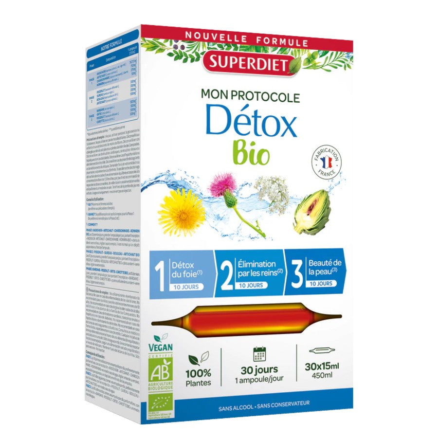 Boite de 30 ampoules de 15 ml de Protocole Détox Bio Superdiet, un programme ciblé et progressif de 30 jours