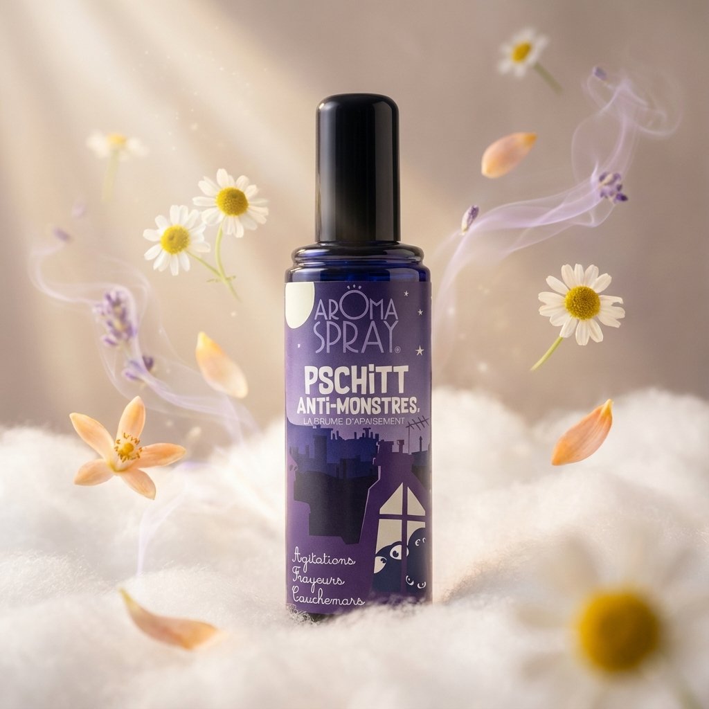 Pschitt Anti monstre spray 100ml flacon sur fond blanc avec fleurs apaisantes