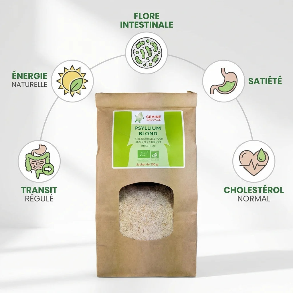 Psyllium Blond bio 250g Graine Sauvage avec ses 5 bénéfices : transit, énergie, flore intestinale, satiété, cholestérol