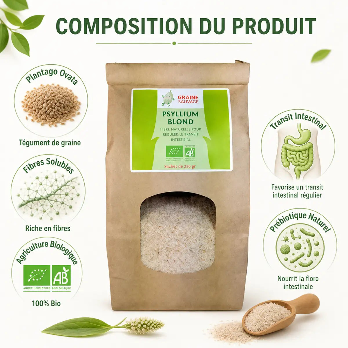 Psyllium Blond bio 250g Graine Sauvage - sachet kraft avec composition et fibres solubles