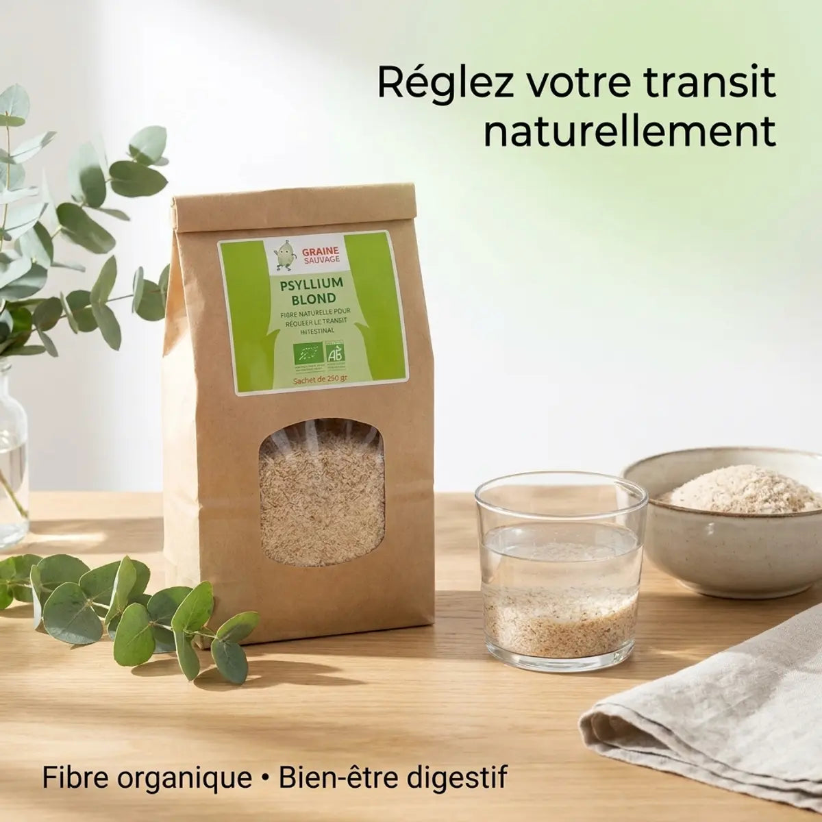 Psyllium Blond bio 250g Graine Sauvage avec fibre organique pour transit digestif naturel