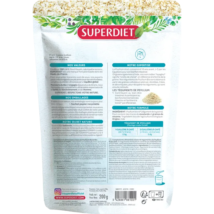 Face arrière d'un sachet de Psyllium Blond Bio Téguments de 200 G de la marque Superdiet