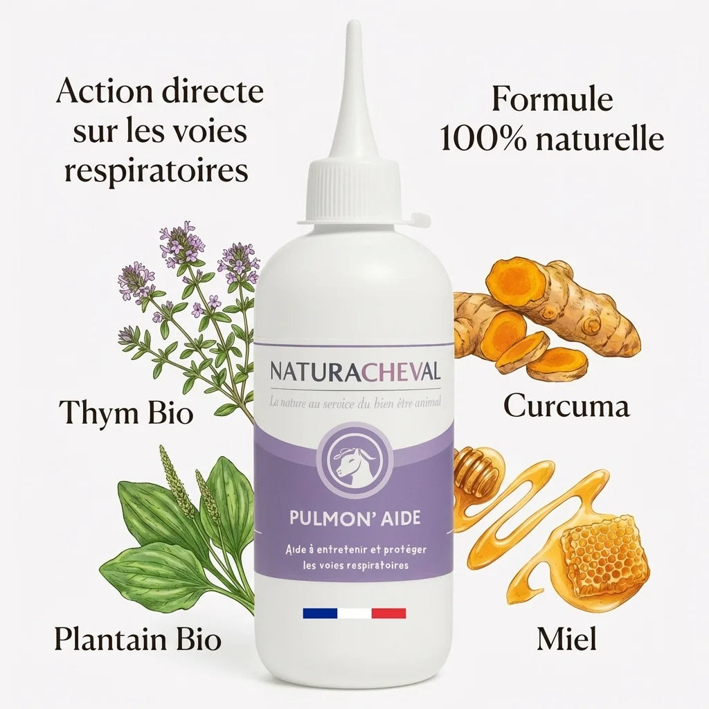 Pulmon'Aide 250ml Naturacheval avec ingrédients naturels thym plantain curcuma miel pour voies respiratoires cheval