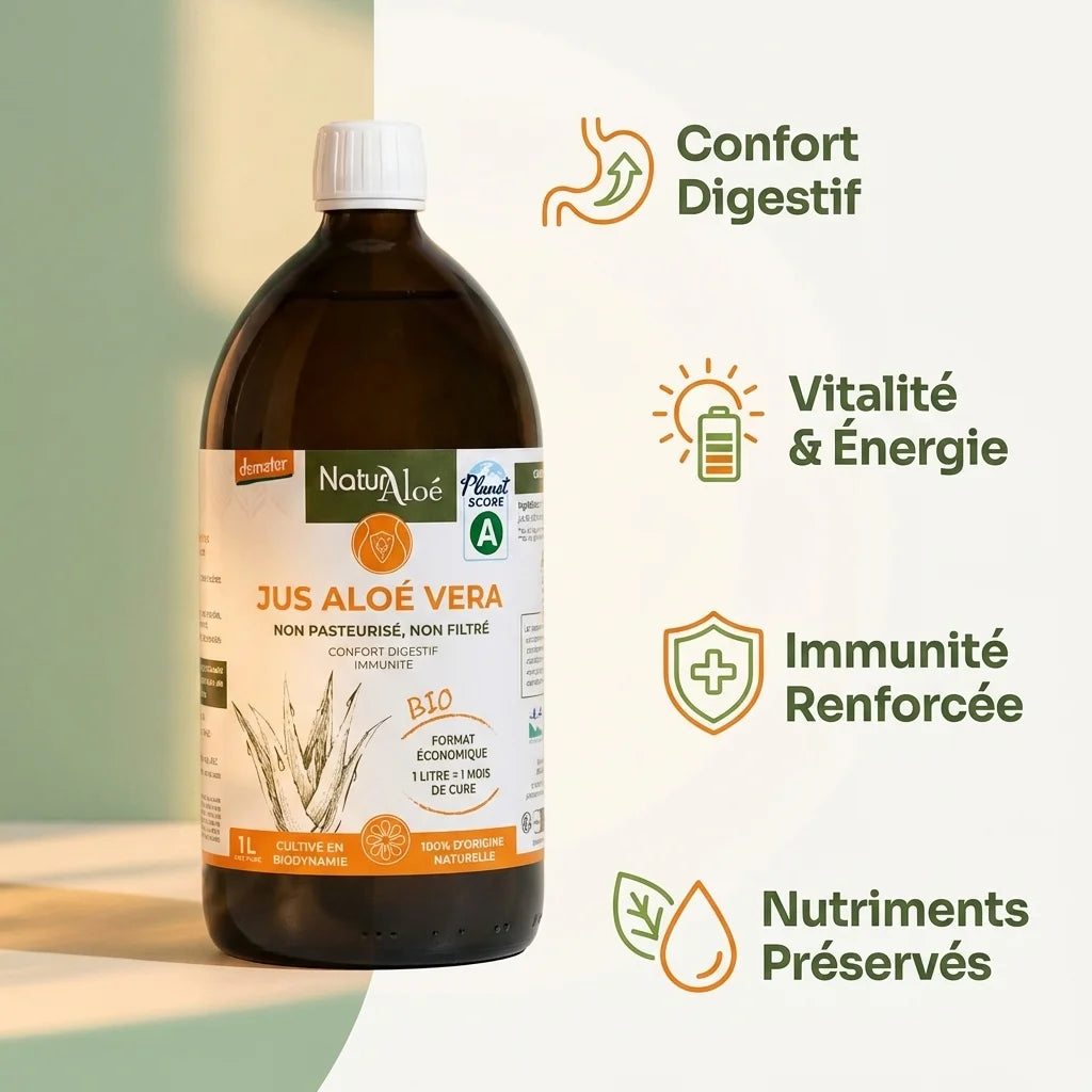 Bouteille Pur Jus d'aloe vera bio Naturaloé 1L avec bénéfices : confort digestif, vitalité, immunité, nutriments