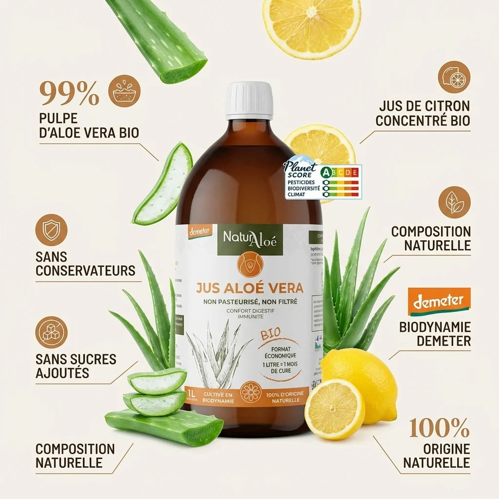 Bouteille Pur Jus d'aloe vera bio Naturaloé 1L avec ingrédients naturels et certification Demeter