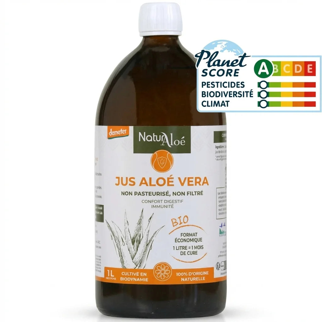 Bouteille Naturaloé jus d'aloe vera bio Demeter 1L verre ambré avec étiquette verte et orange
