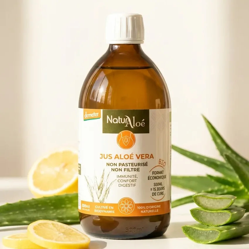 Pur jus d'aloe vera bio Naturaloé 500ml avec feuilles fraîches et citron