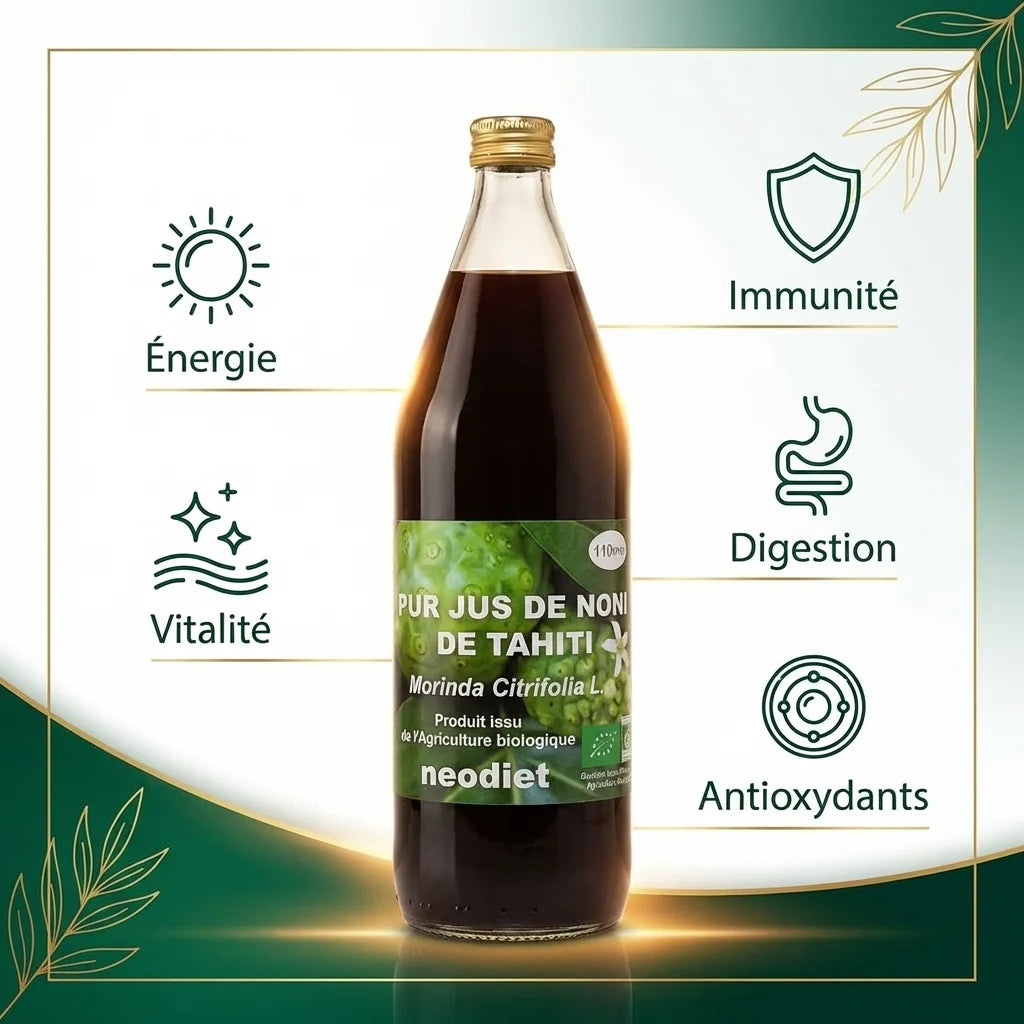 Noni bio 1L Neodiet - bouteille avec infographie bénéfices santé : énergie, vitalité, immunité, digestion, antioxydants