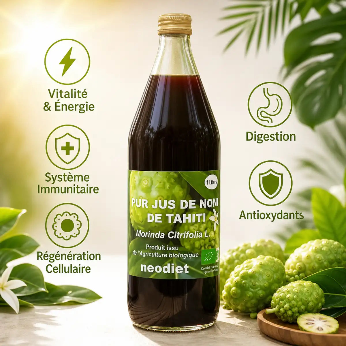 Bouteille Pur jus de Noni bio 1L Neodiet avec bénéfices santé : vitalité, immunité, antioxydants