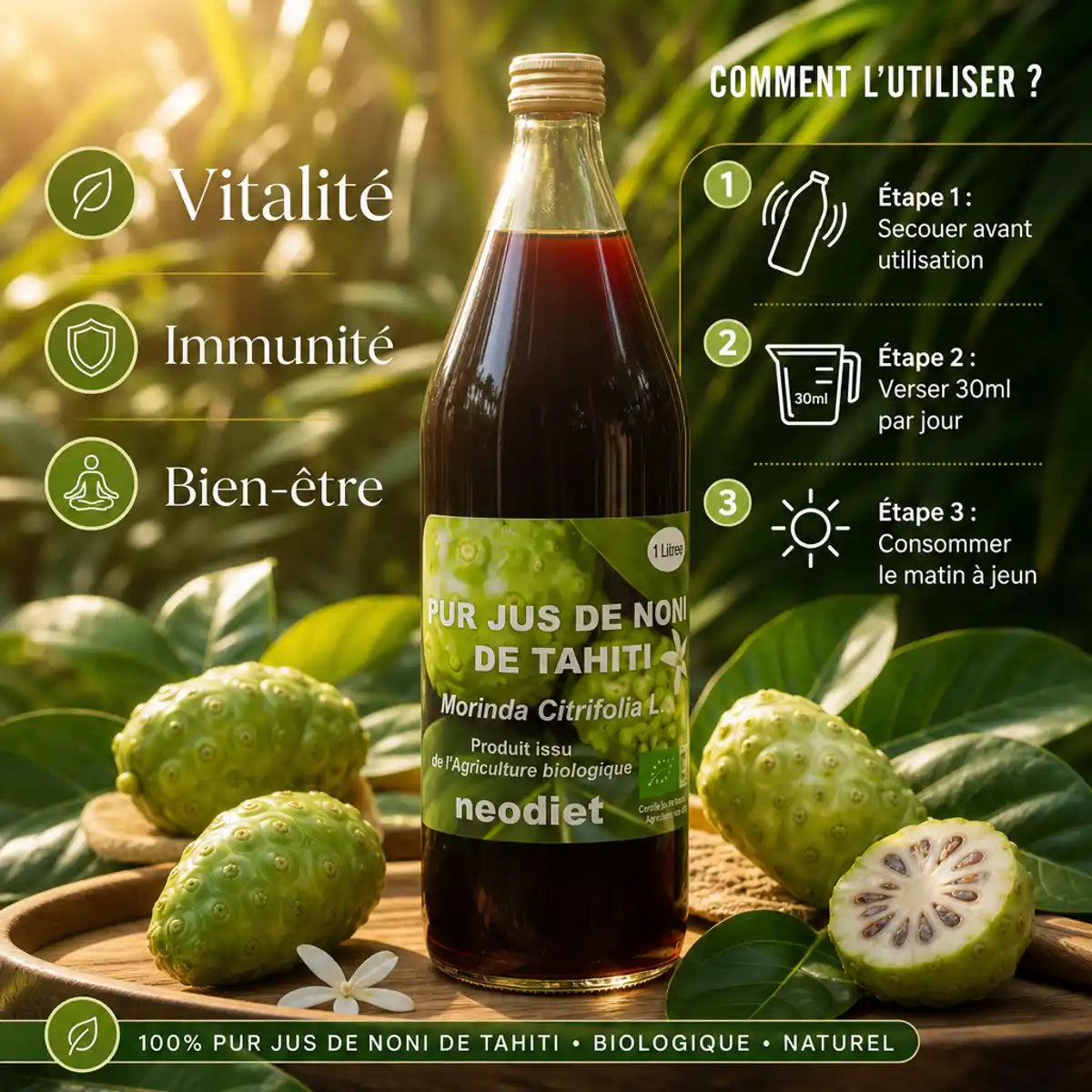 Bouteille Pur Jus de Noni Bio 1L Neodiet avec fruits et instructions d'utilisation - Vitalité et immunité