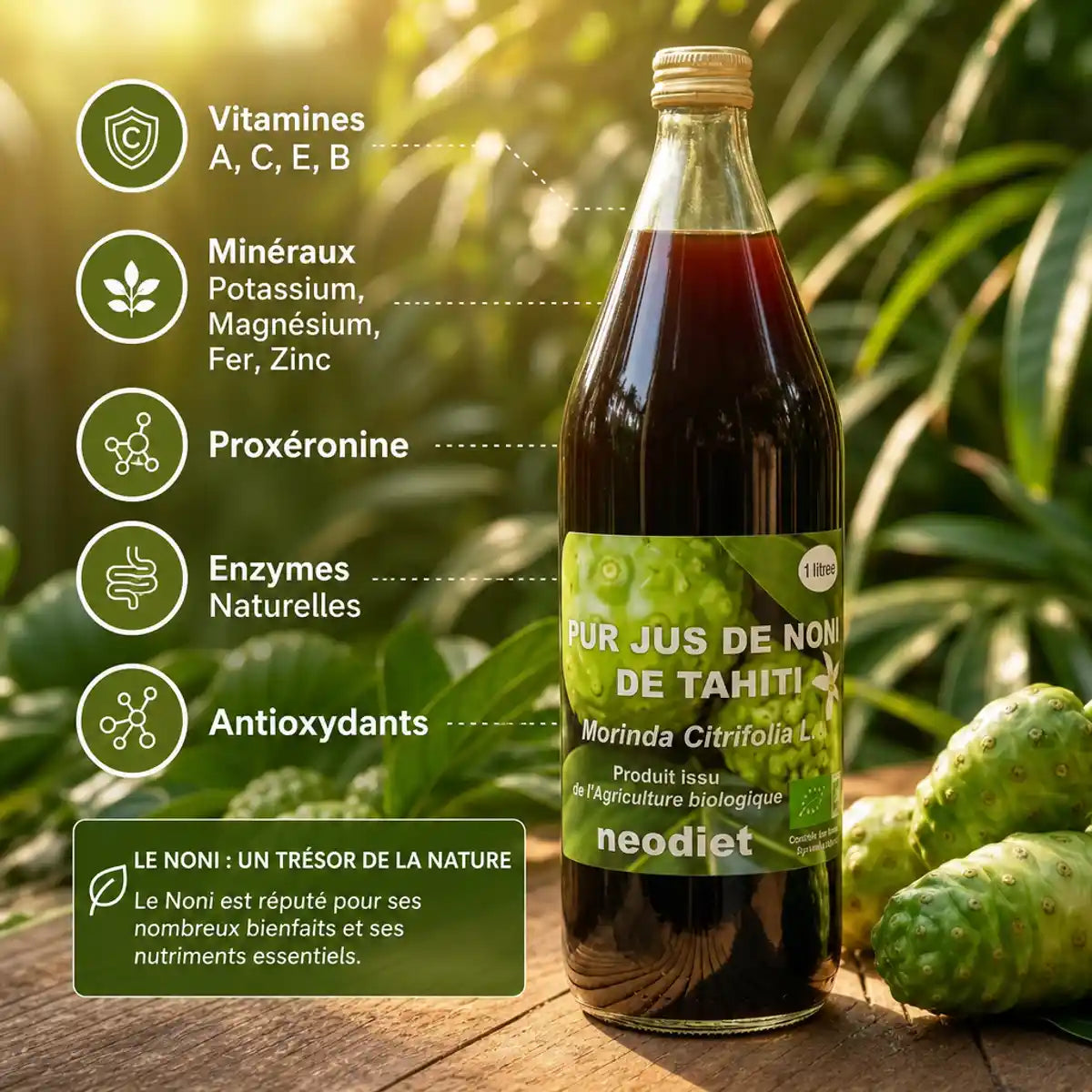 Bouteille Pur jus de Noni bio 1L Neodiet avec fruits frais et infographie nutriments