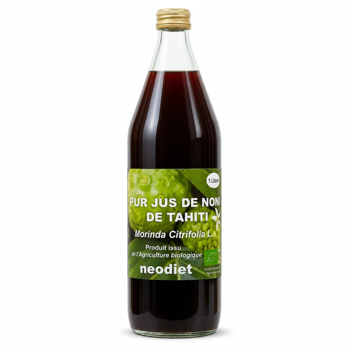 Bouteille de 1L de pur jus de Noni bio Neodiet avec label vert, fond blanc