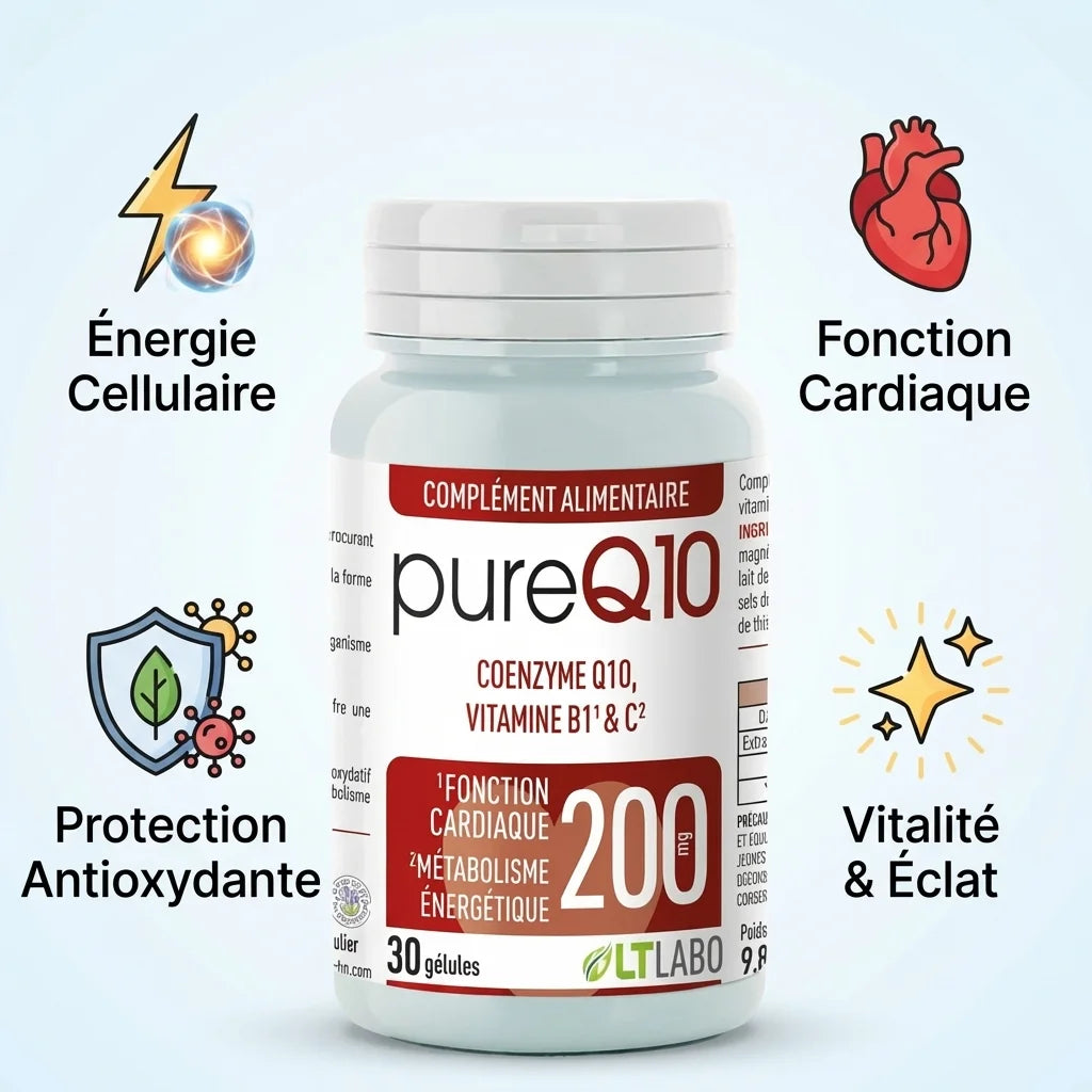 Pure Q10 100 mg - Supplément anti-âge LT Labo avec icônes bénéfices santé