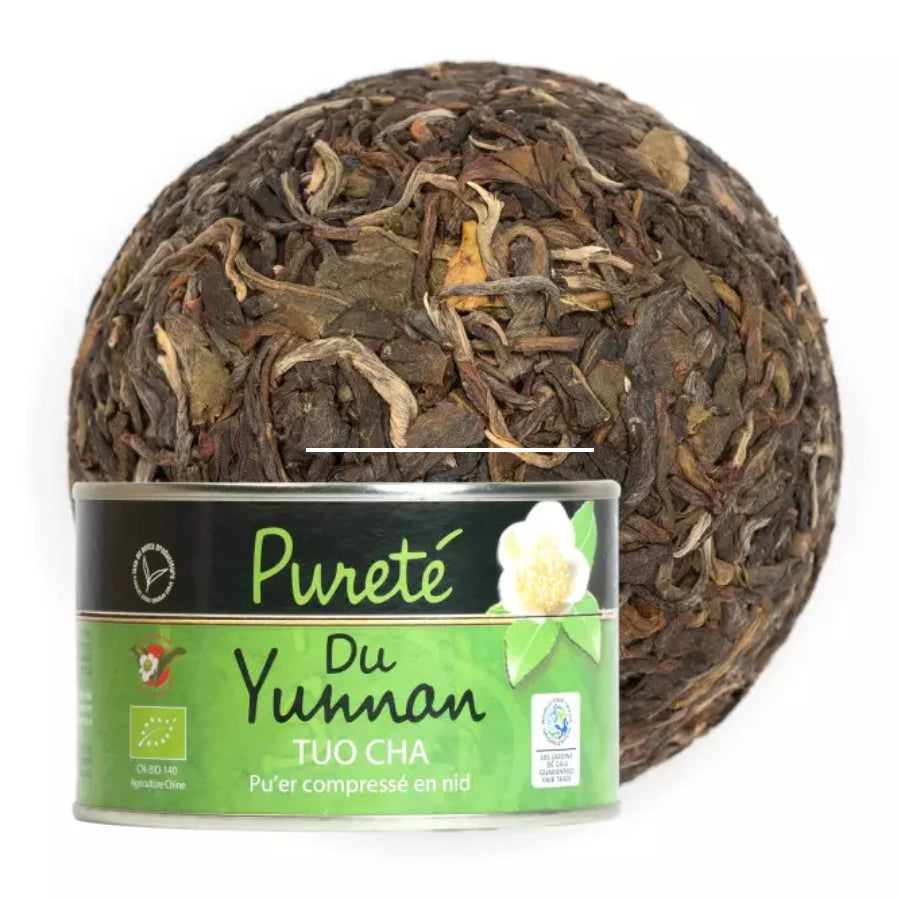Pureté du Yunnan Tuo Cha Pu'er compressé en nid de la marque Les Jardins de Gaïa et sa boite