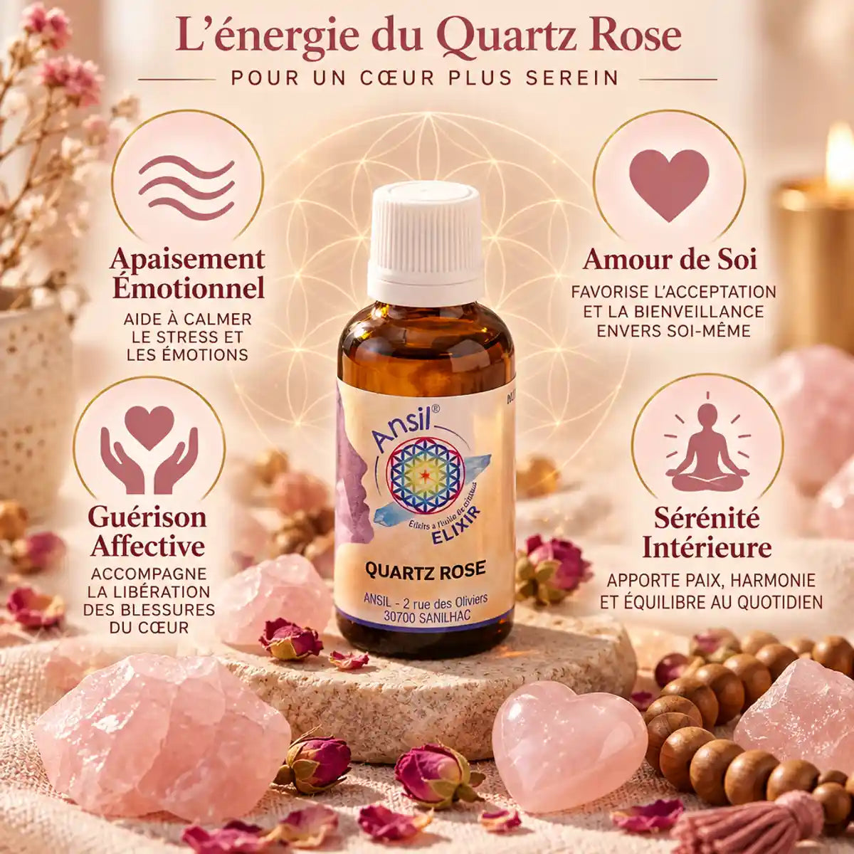 Elixir de Cristal Quartz Rose Ansil 30ml avec bienfaits apaisement émotionnel et sérénité intérieure