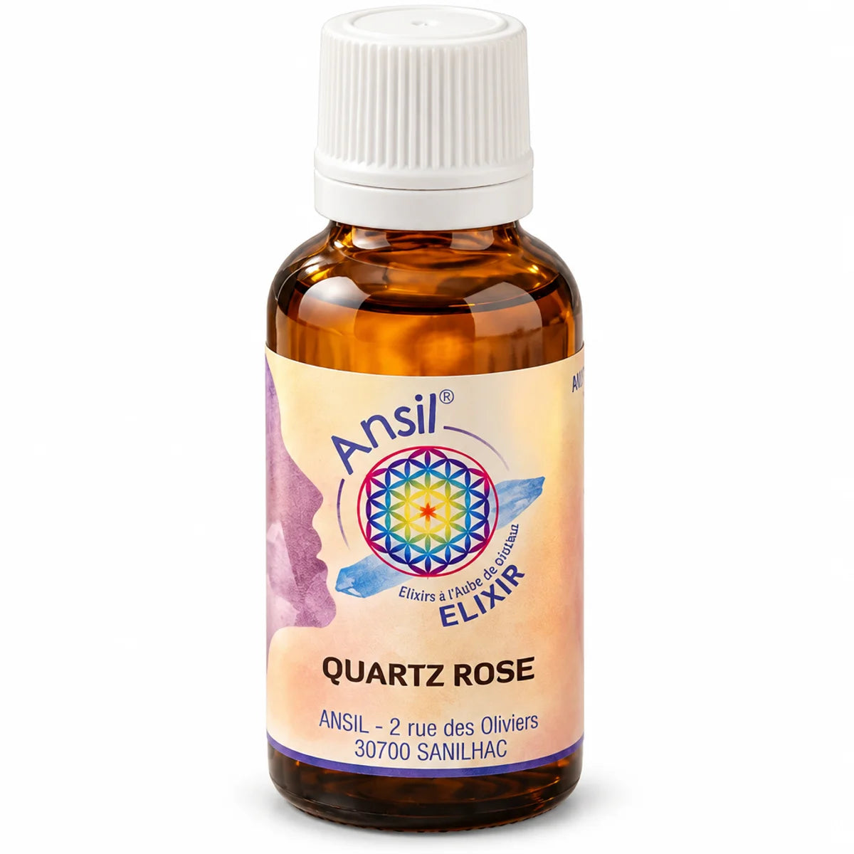 Flacon 30ml Quartz Rose Elixir cristal Ansil sur fond blanc, étiquette dégradé rose violet