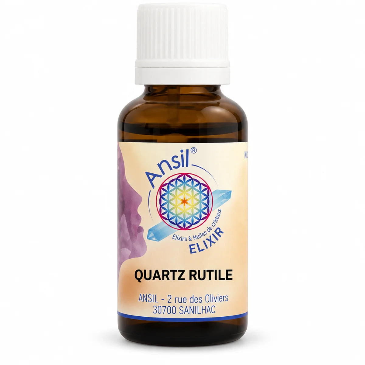 Flacon Quartz Rutile Elixir 30ml Ansil - élixir de cristal en verre ambré avec logo mandala