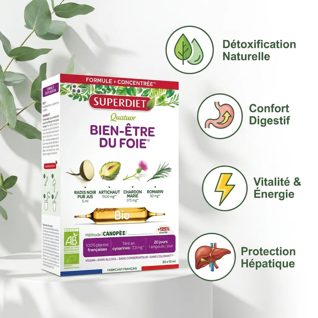 Superdiet Quatuor Bien-être du Foie Bio 20 ampoules avec icônes détoxification, confort digestif et protection hépatique