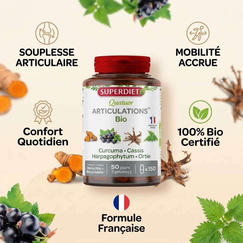 Quatuor Bio Articulation 150 gélules Superdiet avec bénéfices articulaires et formule française certifiée bio
