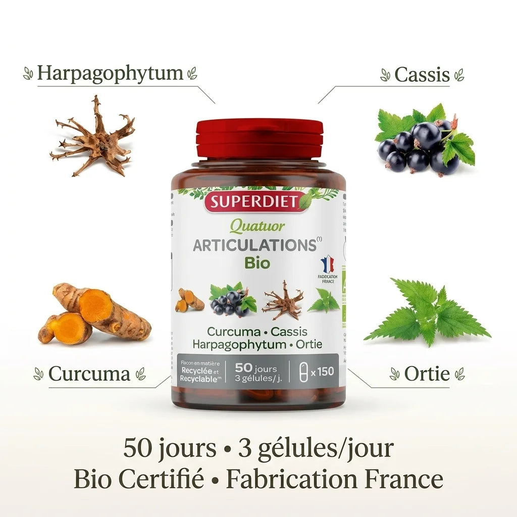 Quatuor Bio Articulation 150 gélules Superdiet avec ingrédients harpagophytum cassis curcuma ortie