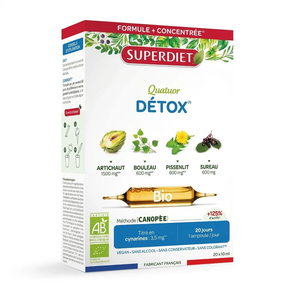 Quatuor Bio Detox Superdiet 20 ampoules - cure détox artichaut bouleau pissenlit sureau