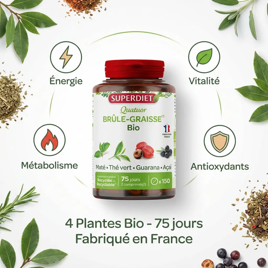 Superdiet Quatuor Brûle-Graisse Bio 150 comprimés avec icônes énergie, vitalité, métabolisme et antioxydants