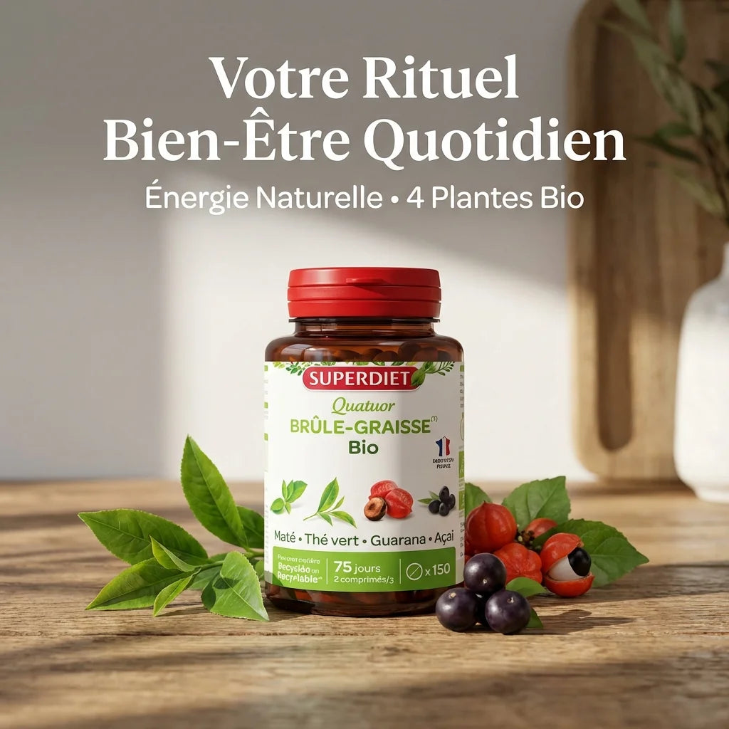 Superdiet Quatuor Brûle-Graisse Bio 150 comprimés avec ingrédients naturels sur fond bois