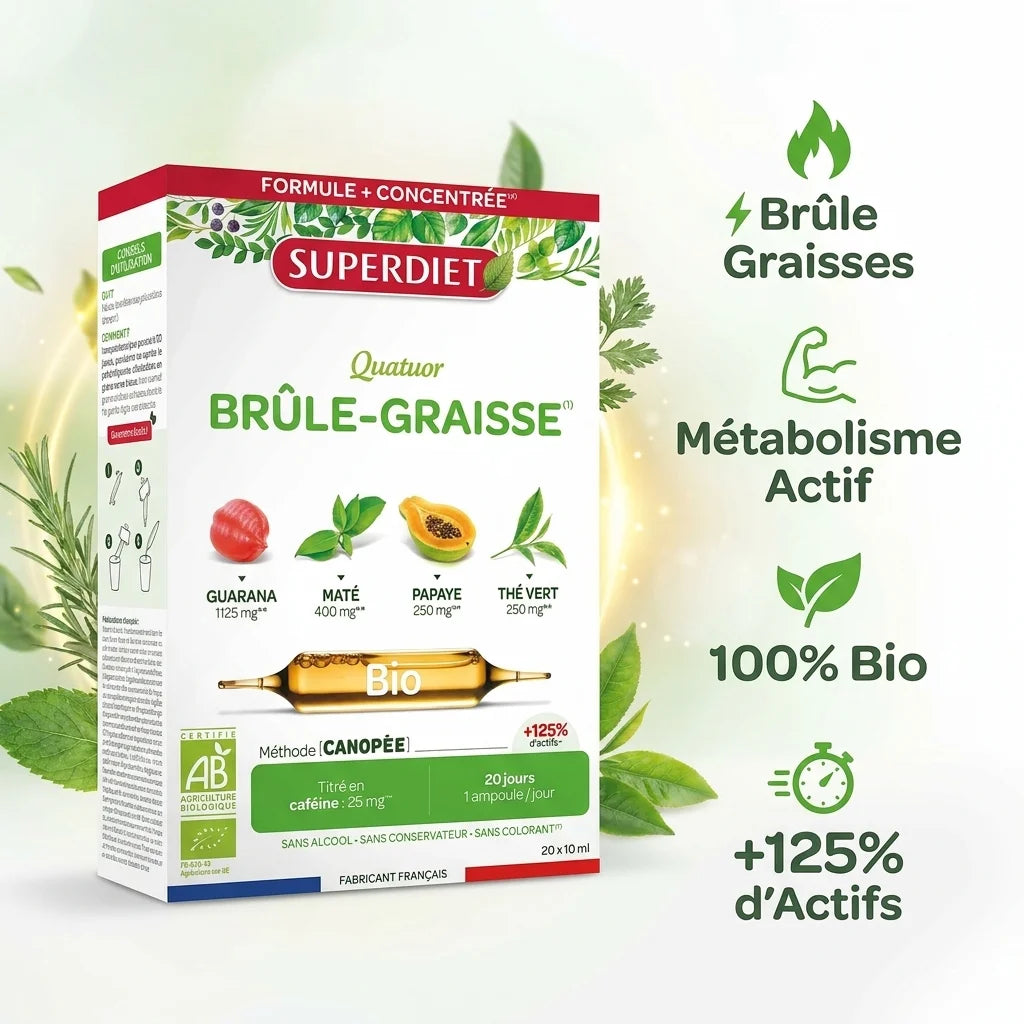Superdiet Quatuor Brûle Graisse Bio 20 ampoules avec guarana maté papaye thé vert