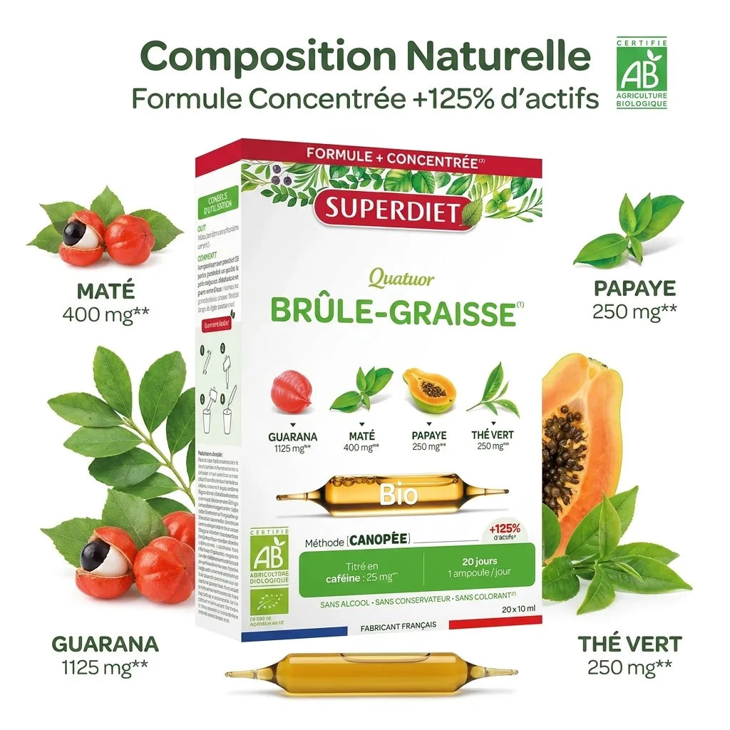 Superdiet Quatuor Brûle-Graisse Bio 20 ampoules avec ingrédients naturels guarana maté thé vert papaya
