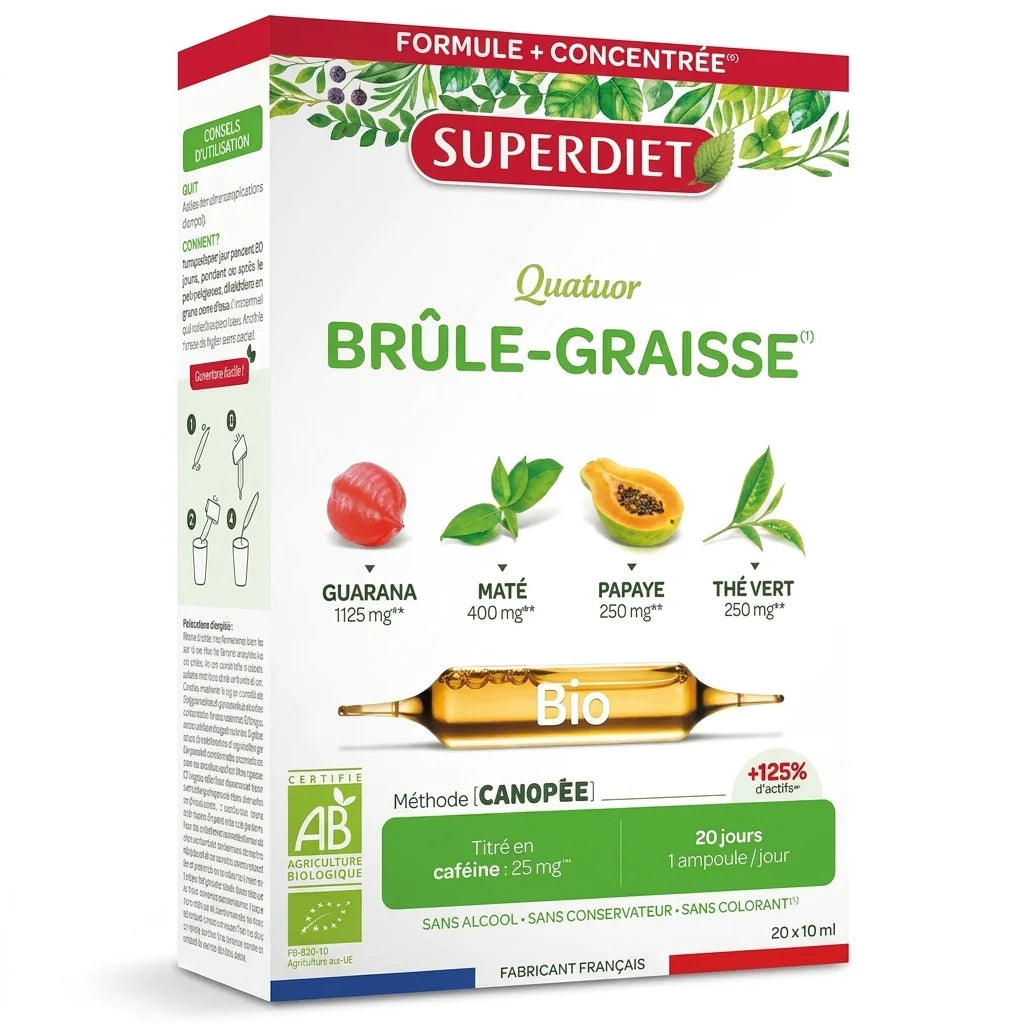 Superdiet Quatuor Brûle Graisse Bio 20 ampoules - boîte produit avec certification AB et ingrédients naturels
