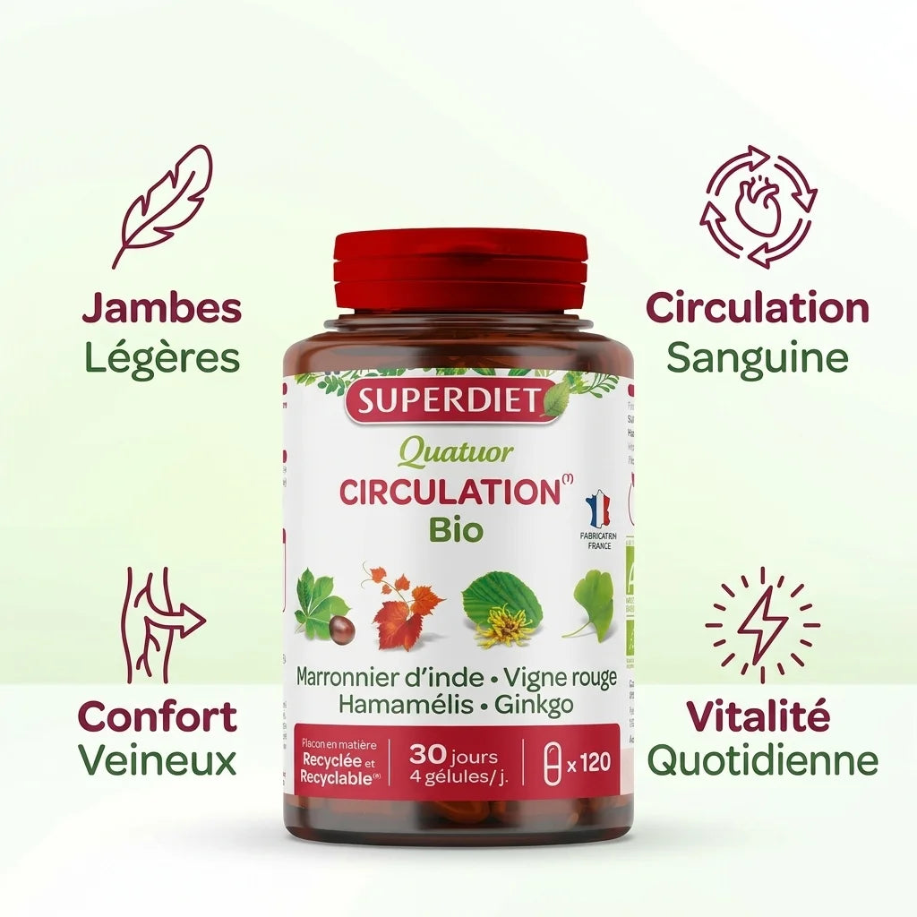Quatuor Circulation Bio 120 gélules Superdiet - jambes légères, circulation sanguine et confort veineux