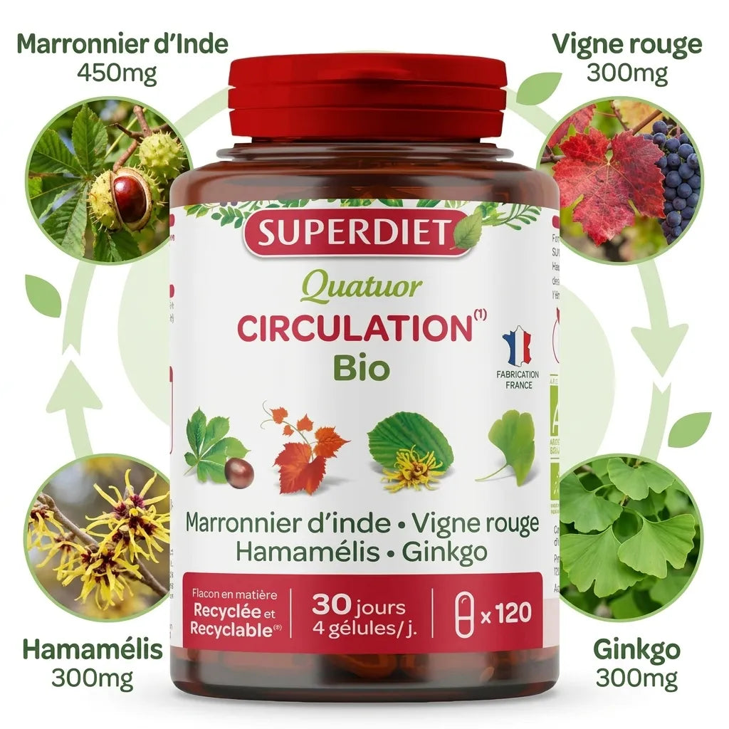 Superdiet Quatuor Circulation Bio 120 gélules avec ingrédients marronnier, vigne rouge, hamamélis et ginkgo