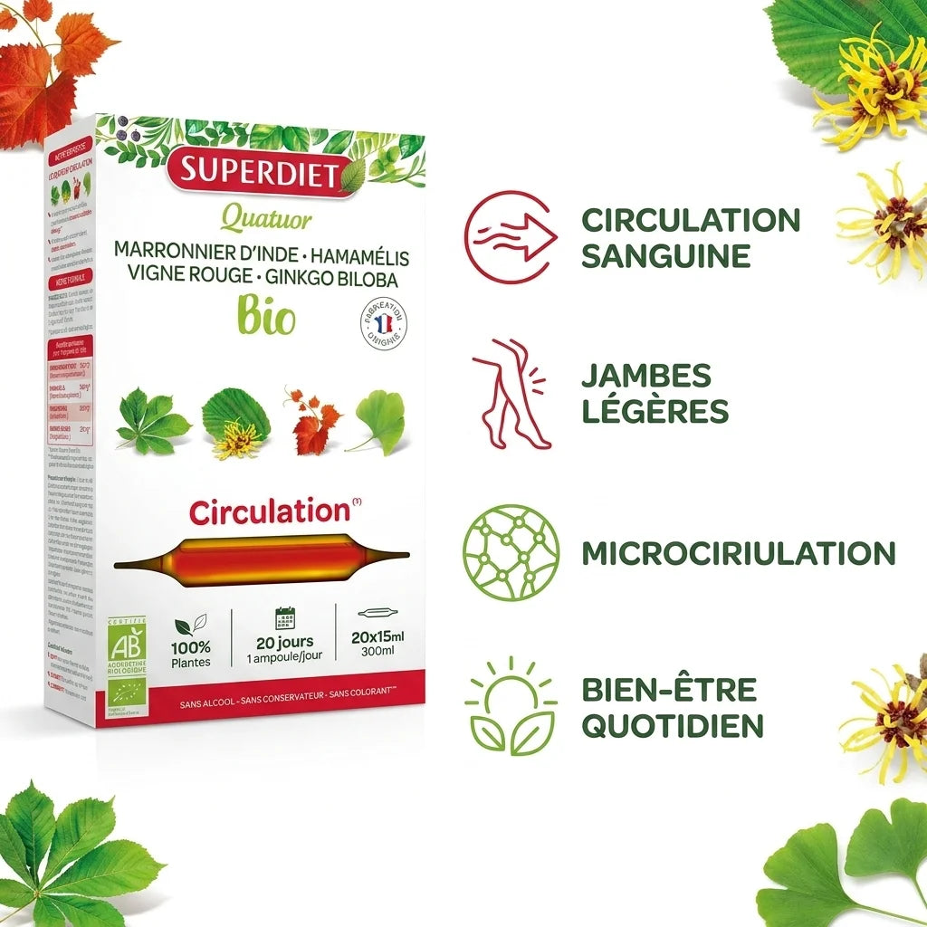 Superdiet Quatuor Circulation Bio 20 ampoules avec bénéfices circulation sanguine et jambes légères