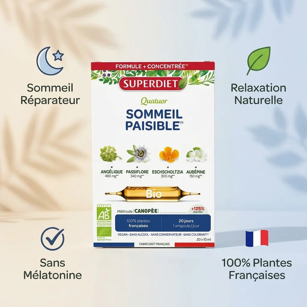 Quatuor Sommeil Paisible Bio 20 ampoules Superdiet avec icônes bénéfices sommeil réparateur et plantes françaises