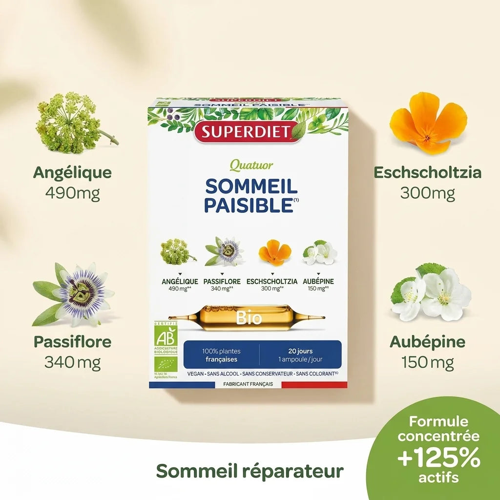Quatuor Sommeil Paisible Bio 20 ampoules Superdiet avec ingrédients biologiques français pour sommeil réparateur
