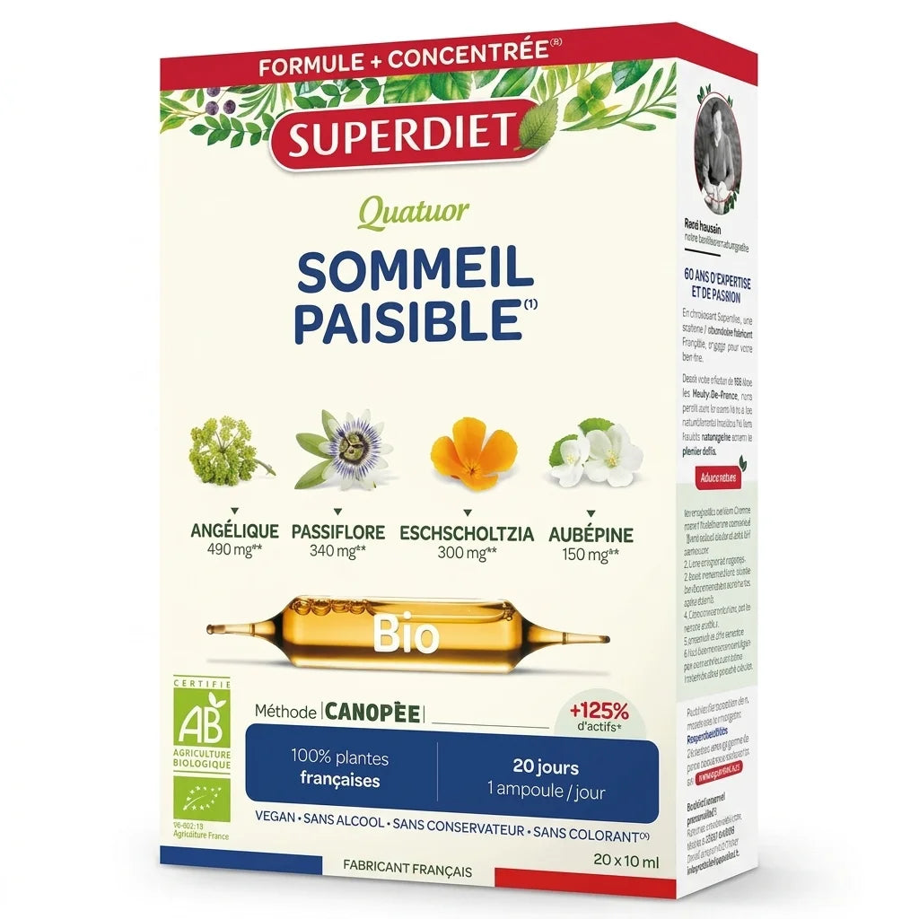 Superdiet Quatuor Sommeil Paisible Bio 20 ampoules complément sommeil naturel certifié AB