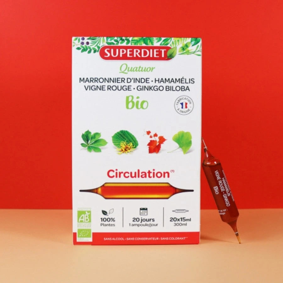 Photo d'ambiance d'une boite de Quatuor Circulation Bio de 20 Ampoules Superdiet