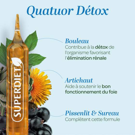 Les bienfaits des ingrédients des ampoules quatuor detox de Superdiet