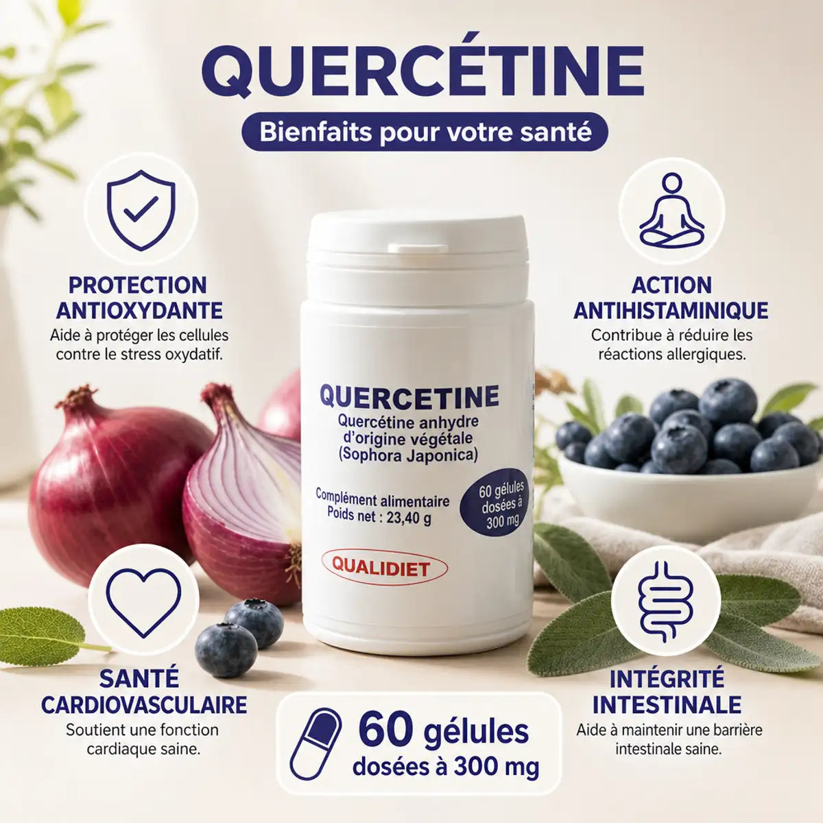 Quercétine Anhydre Végétale 300mg - 60 gélules Qualidiet avec bénéfices antioxydants et cardiovasculaires