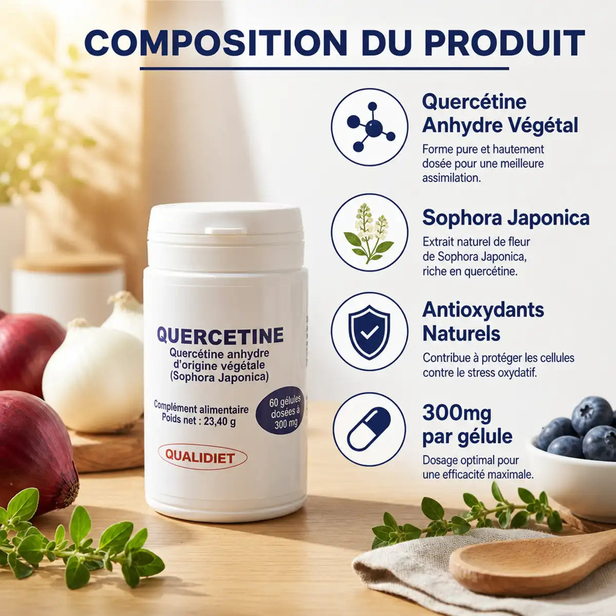 Quercétine Anhydre Végétale 60 gélules Qualidiet avec ingrédients naturels oignons rouges myrtilles