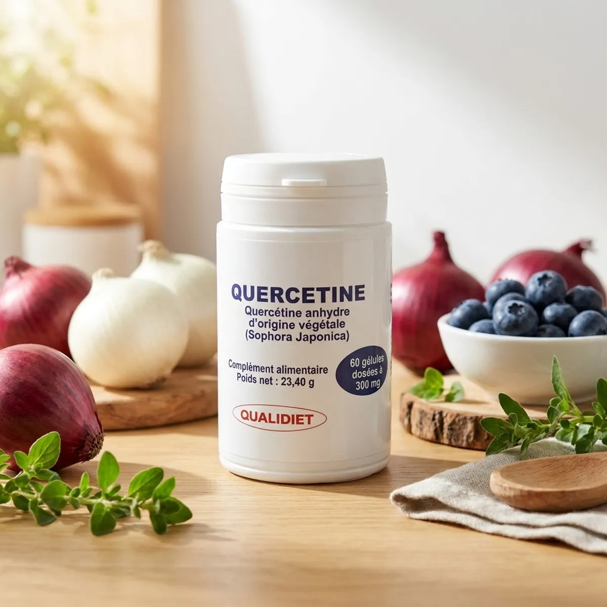 Flacon Quercétine Anhydre Végétale 60 gélules Qualidiet avec légumes frais