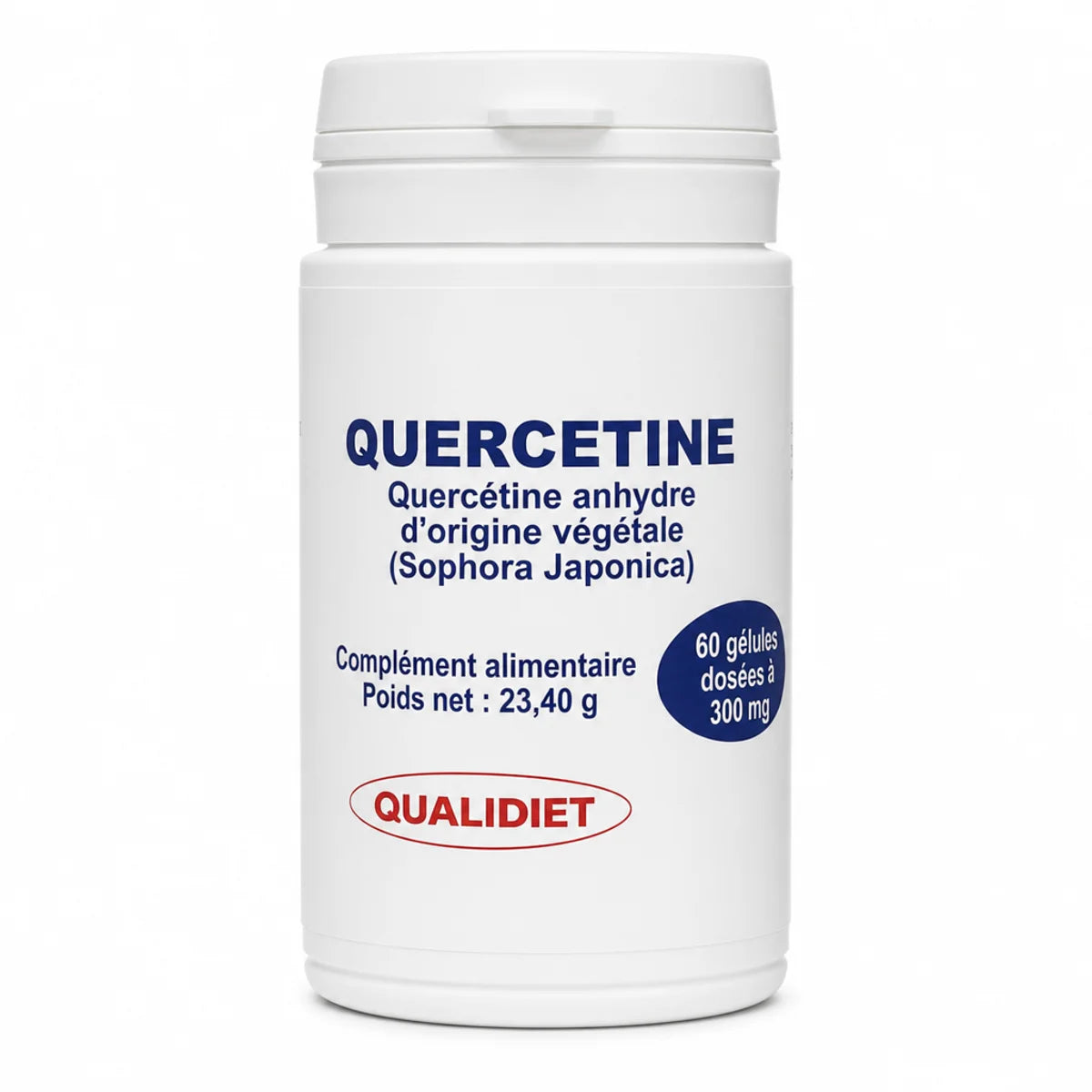 Bouteille Quercétine Anhydre Végétale 60 gélules 300mg Qualidiet sur fond blanc