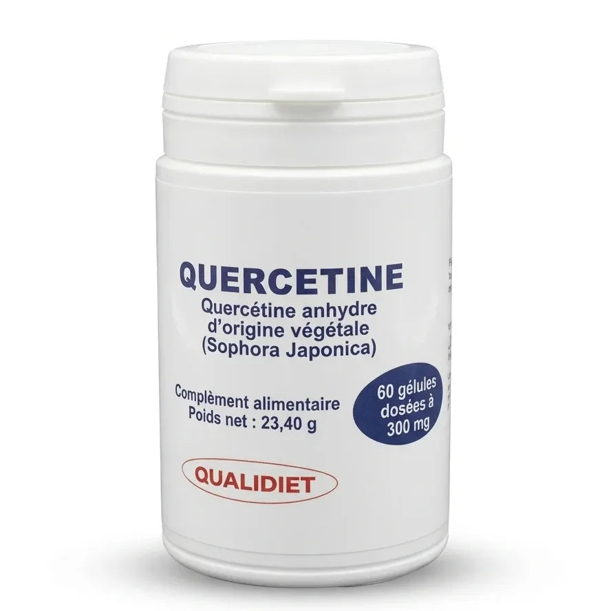 Bouteille Quercétine Anhydre Végétale 60 gélules Qualidiet sur fond blanc